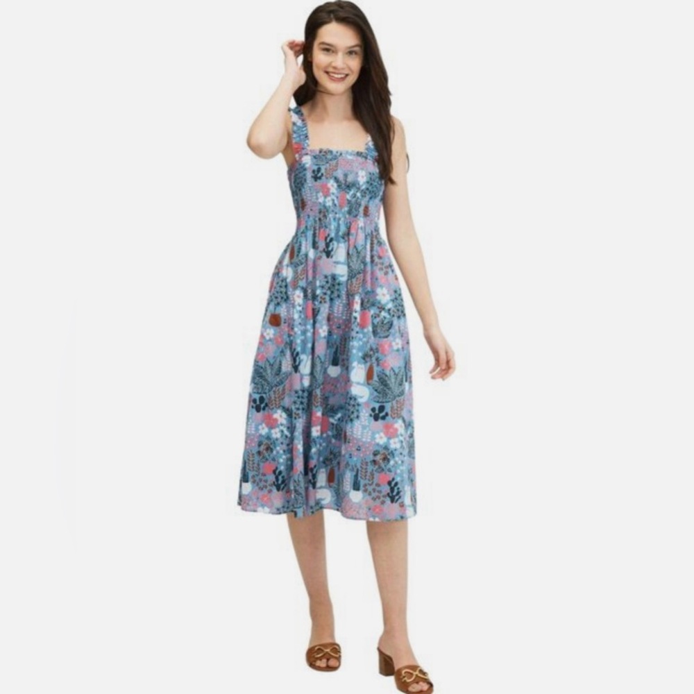Kate Spade ‘Garden Posy’ Cat Cactus Blue Print Smocked Midi Dress